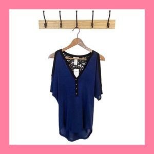 CACHE Navy Metallic Cold Shoulder Lace Top S NWT